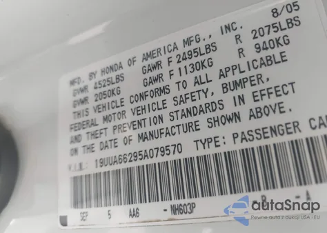 2005 Acura Tl z USA, uszkodzony, nr VIN 19UUA66295A079570